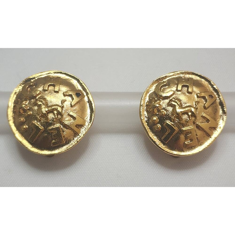 US BASED Authentic Vintage CHANEL Logo Lion Clip On Gold Tone Earrings Gift Bag